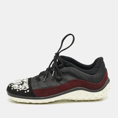 Pre-owned Miu Miu Black/burgundy Canvas And Suede Crystal Embellished Sneakers Size 37.5