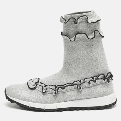 Pre-owned Jimmy Choo Silver Ruffle Knit Fabric Eugene Sneakers Size 38