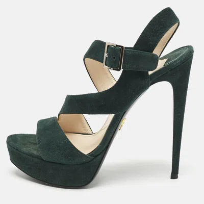 Pre-owned Prada Dark Green Suede Ankle Strappy Platform Sandals Size 38