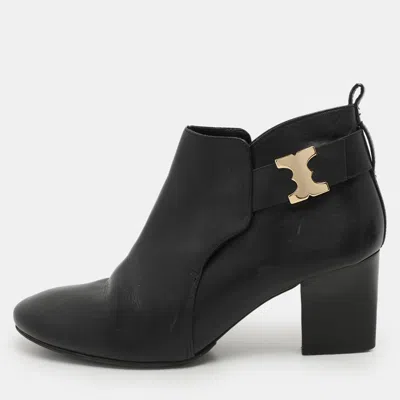 Pre-owned Tory Burch Black Leather Ankle Length Boots Size 41