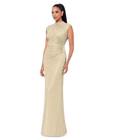 Betsy & Adam Petite Ruched Metallic Crinkle Gown In Gold