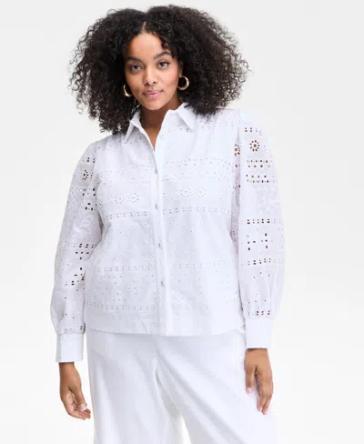 Inc International Concepts Plus Size Cotton Eyelet-embroidered Blouse, Exclusively At Macy's In Brown