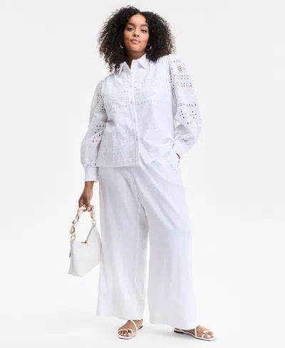 Inc International Concepts Plus Size Cotton Eyelet-embroidered Blouse, Exclusively At Macy's In Brown