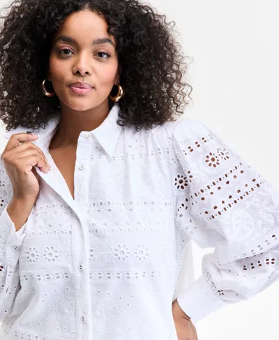 Inc International Concepts Plus Size Cotton Eyelet-embroidered Blouse, Exclusively At Macy's In Brown