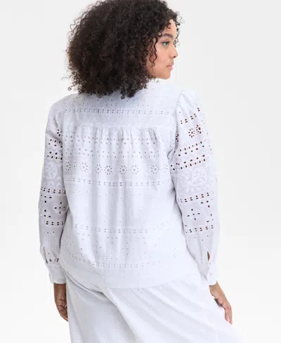 Inc International Concepts Plus Size Cotton Eyelet-embroidered Blouse, Exclusively At Macy's In Brown