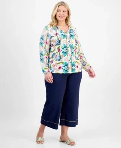 Jm Collection Plus Size Ladder Trim Printed Mixed Media Top Pull On Capri Pants Exclusively At Macys In Blue
