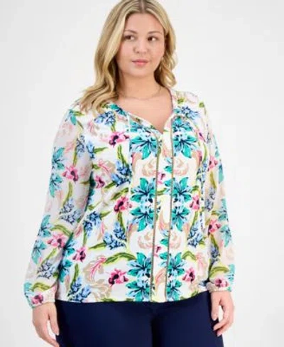 Jm Collection Plus Size Ladder Trim Printed Mixed Media Top Pull On Capri Pants Exclusively At Macys In Blue