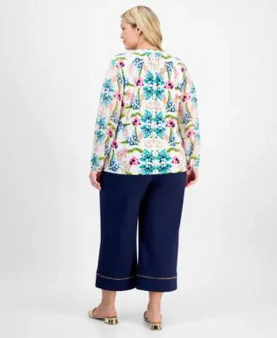 Jm Collection Plus Size Ladder Trim Printed Mixed Media Top Pull On Capri Pants Exclusively At Macys In Blue