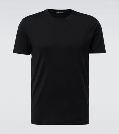 Tom Ford Black Crewneck T-shirt With Logo Embroidery On The Front In Cotton Blend Man In Black