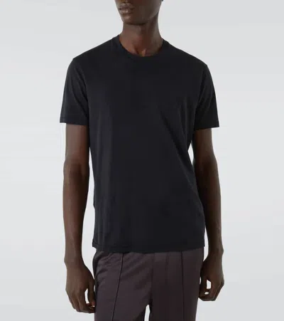 Tom Ford Black Crewneck T-shirt With Logo Embroidery On The Front In Cotton Blend Man In Black