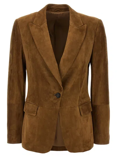 Brunello Cucinelli Beige Single-breasted Blazer Jacket With Pointed Lapels In Suede Woman