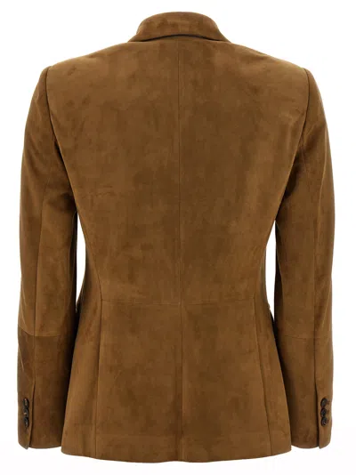 Brunello Cucinelli Beige Single-breasted Blazer Jacket With Pointed Lapels In Suede Woman