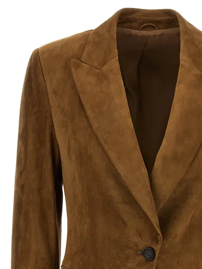 Brunello Cucinelli Beige Single-breasted Blazer Jacket With Pointed Lapels In Suede Woman