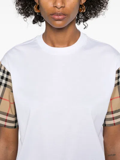 Burberry White T-shirt With Vintage Check Motif On The Sleeves In Cotton Woman