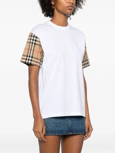 Burberry White T-shirt With Vintage Check Motif On The Sleeves In Cotton Woman