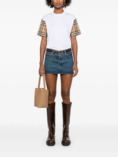 Burberry White T-shirt With Vintage Check Motif On The Sleeves In Cotton Woman