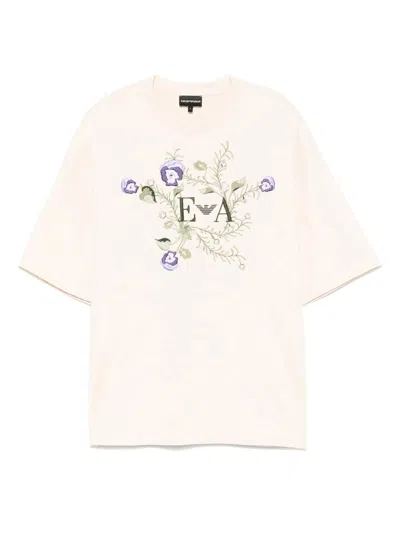 Emporio Armani Logo-embroidered T-shirt In Neutral