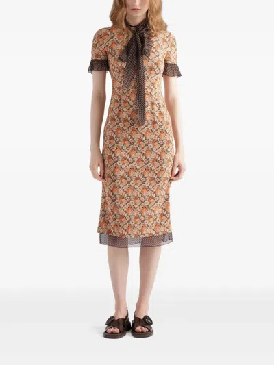Prada Floral Georgette And Polka-dot Chiffon Layered Midi Dress With Bow