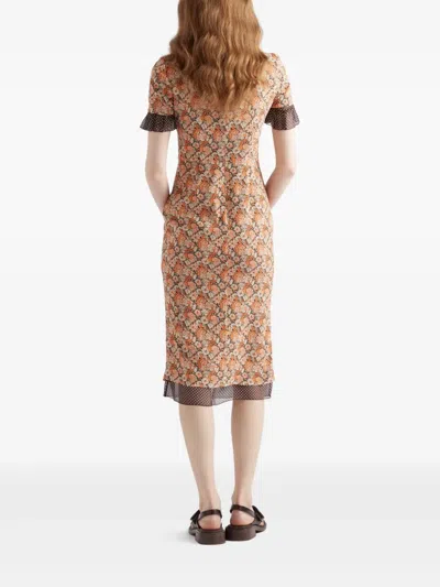 Prada Floral Georgette And Polka-dot Chiffon Layered Midi Dress With Bow