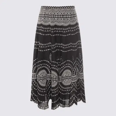 Charo Ruiz 'livvy' Black Midi Skirt With Scallop Hem And All-over Embroidery In Cotton Nad Linen Blend Woman