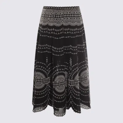 Charo Ruiz 'livvy' Black Midi Skirt With Scallop Hem And All-over Embroidery In Cotton Nad Linen Blend Woman