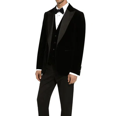 Dolce & Gabbana Peak Lapel Tuxedo Velvet Jacket With Padded Shoulders In Black