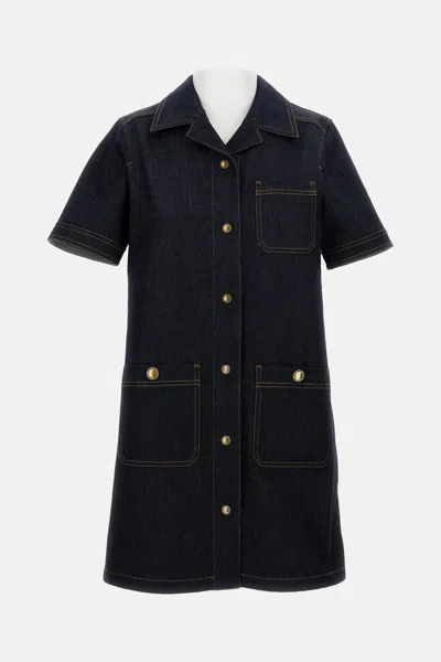 Moncler Short Sleeve Denim Dress With Front Pockets In Blue