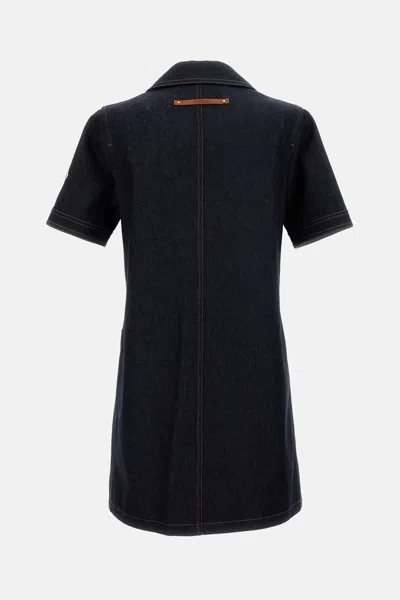 Moncler Short Sleeve Denim Dress With Front Pockets In Blue