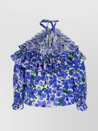 Carolina Herrera Flower Top With Puffed Sleeves And Ruffled Neckline In Blue