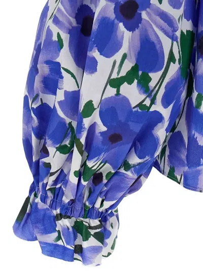 Carolina Herrera Flower Top With Puffed Sleeves And Ruffled Neckline In Blue