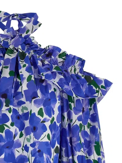 Carolina Herrera Flower Top With Puffed Sleeves And Ruffled Neckline In Blue