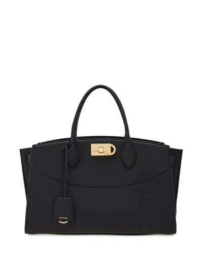 Ferragamo Black Handbag With Adjustable And Removable Shoulder Strap And Gancini Turn-lock Closure In Grained  In Black