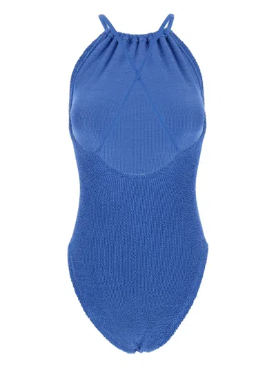 Hunza G 'portia' Blue Swimsuit With Criss-crossed Straps On The Rear