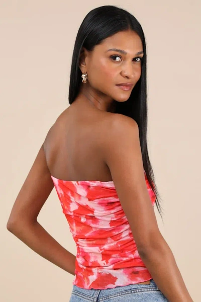 Lulus Maylin Red Abstract Print Mesh Strapless Top In Pink