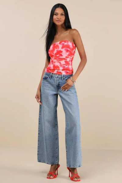 Lulus Maylin Red Abstract Print Mesh Strapless Top In Pink