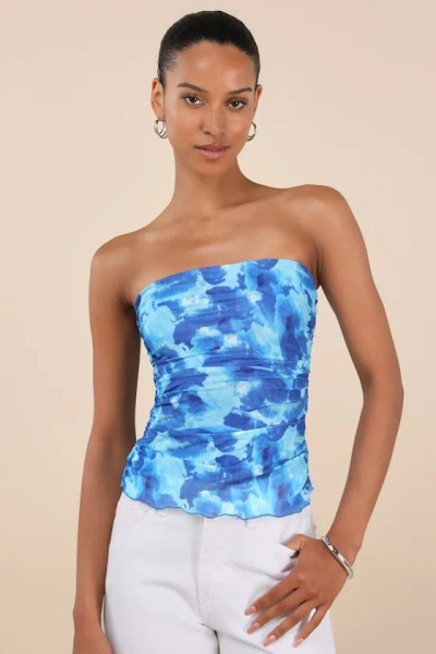Lulus Maylin Blue Abstract Print Mesh Strapless Top In Orange