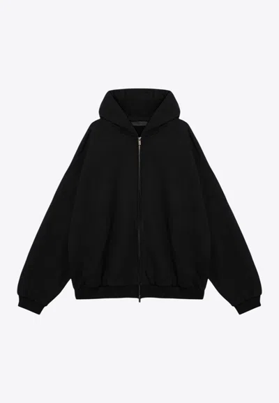 Essentials Rubberized Logo Patch Zip-up Hooded Sweatshirt In Black
