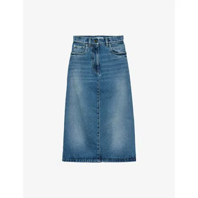 Prada Womens Blue Flared Faded-wash Denim Midi Skirt