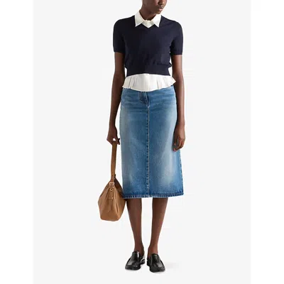 Prada Womens Blue Flared Faded-wash Denim Midi Skirt