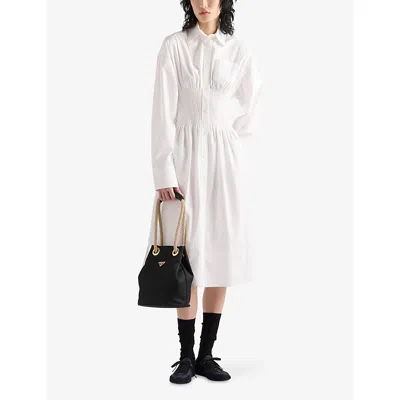 Prada Smocked Canvas Fit-and-flare Midi Shirt Dress In F0009 Bianco