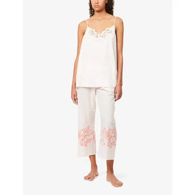 Hanro Womens Melon Soda Liz Floral-embroidered Straight-leg Cotton Cropped Pyjama Bottoms
