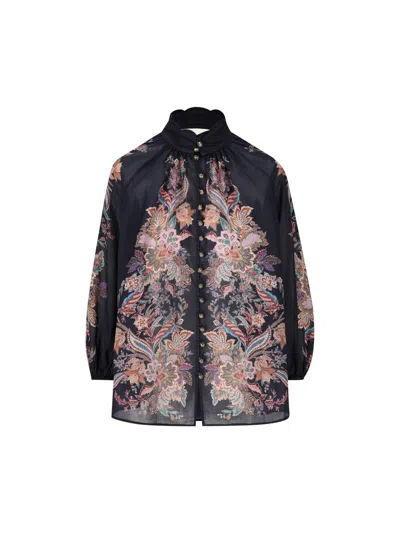 Zimmermann Rhiannon Billow Blue Blouse With High Neck And All-over Paisley Print In Ramie Woman In Blue