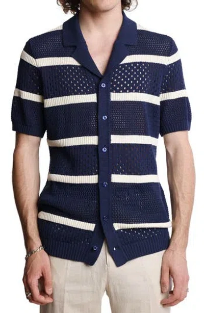 Paisley & Gray Men's Slim Fit Short Sleeve Striped Crochet Cardigan Sweater In Black