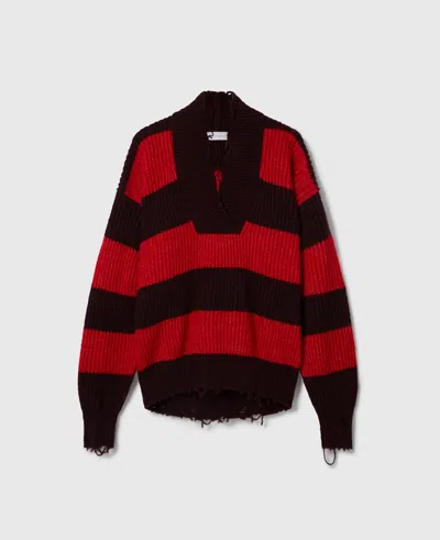 Stella Mccartney Striped V Neck Knitwear With Distressed Detailing In Black