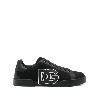 Dolce & Gabbana Portofino Light Strobel Sneakers In Canvas And Calfskin In Black