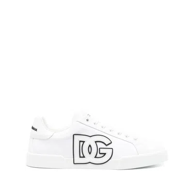 Dolce & Gabbana Portofino Light Strobel Sneakers In Canvas And Calfskin In White