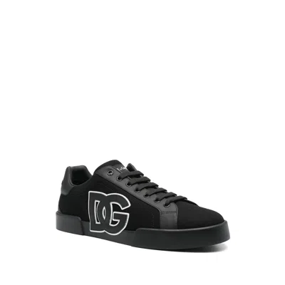 Dolce & Gabbana Portofino Light Strobel Sneakers In Canvas And Calfskin In Black