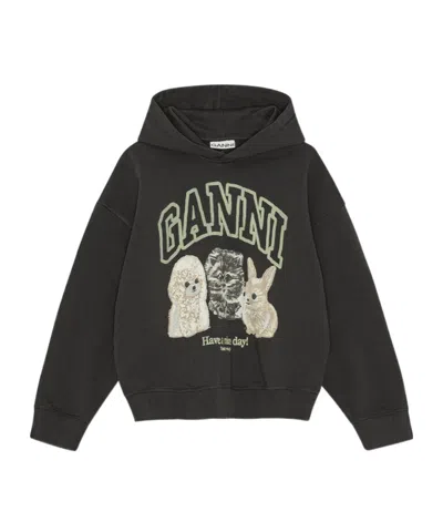 Ganni Oversize Cotton Sweatshirt With Hood And Graphic Print