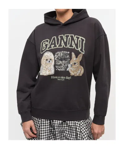 Ganni Oversize Cotton Sweatshirt With Hood And Graphic Print
