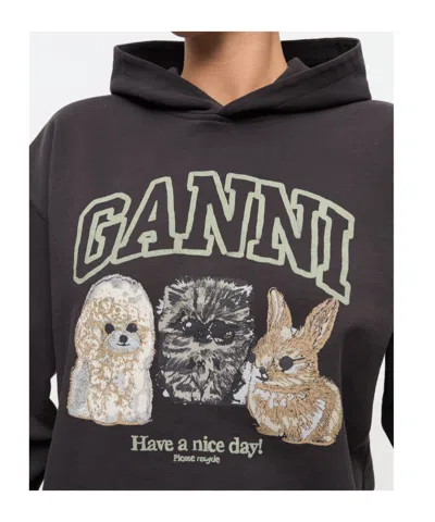 Ganni Oversize Cotton Sweatshirt With Hood And Graphic Print